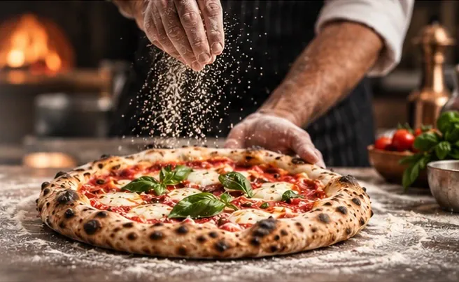 Pizzaiolo polvilha farinha sobre uma pizza napolitana acabada de sair do forno